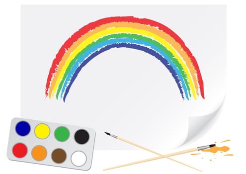 Children drawing of a rainbow a brush paints on a paper
