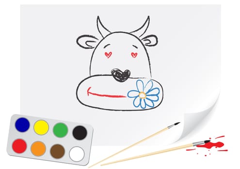 Nursery drawing cow on a paper