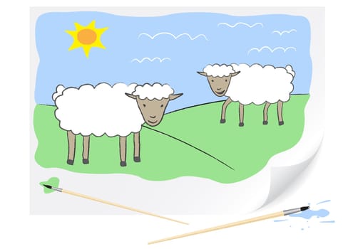Two grazed sheep are drawn on a paper by a brush