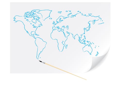 Drawing blue map with brush on the white paper