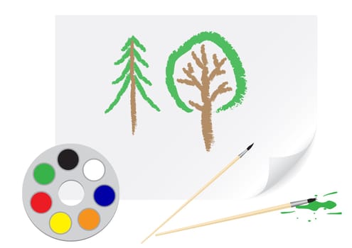 Children's drawing a brush tree on a paper