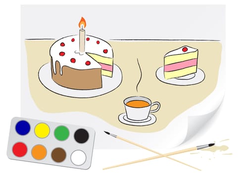 Children drawing of a birthday cake a brush paints on a paper