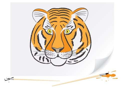 Children drawing of a tiger a brush paints on a paper