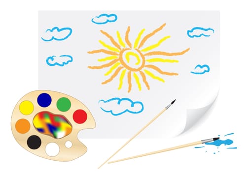 Children's drawing a brush sun and clouds on a paper