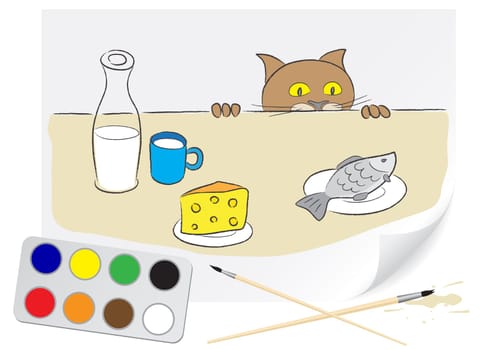 Children drawing a hungry cat a brush paints on a paper