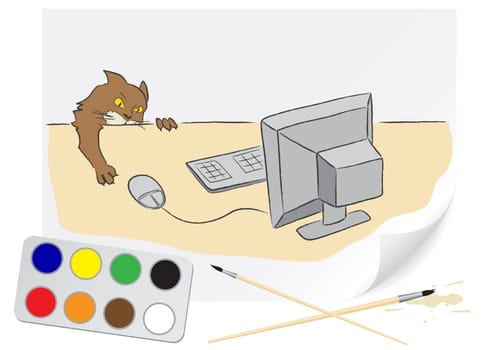 Children drawing of cat and computer a brush paints on a paper
