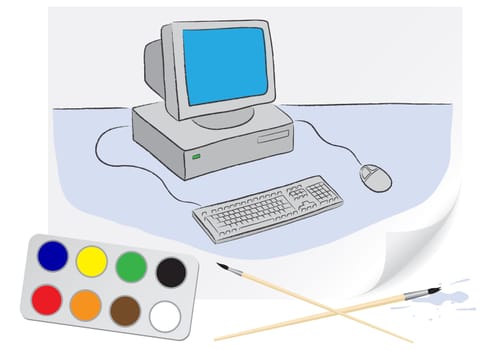 Children drawing of a computer a brush paints on a paper