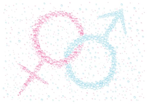 Man's and female symbols on the white drops background