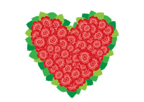 Beautiful red roses heart around leaves on the white background