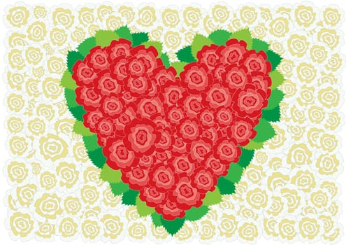 Beautiful red roses heart around leaves on the white roses background