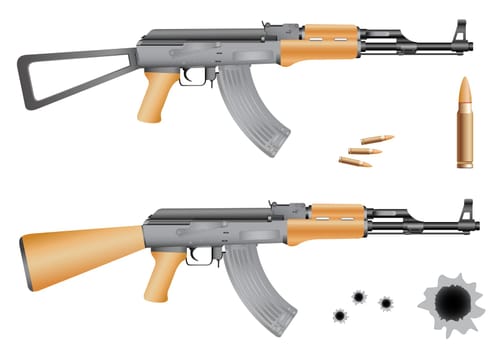 Ak-47, bullets and gunshot holes isolated on the white background