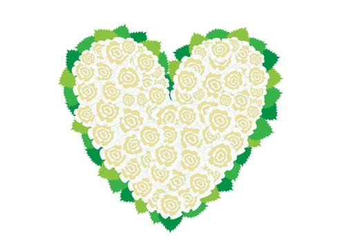 White roses heart around leaves on the white background