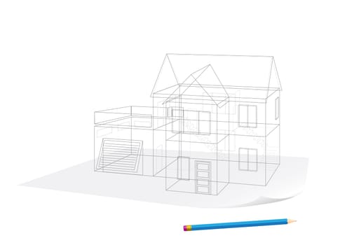 Abstract transparent house sketch drawing with pen on white background
