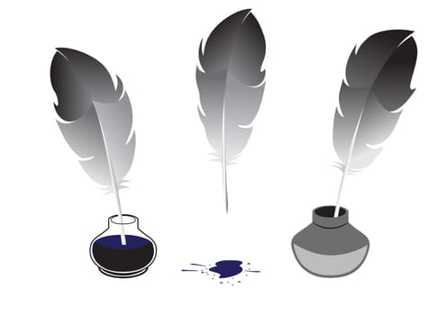 Feather for writing and inkwells isolated on white background