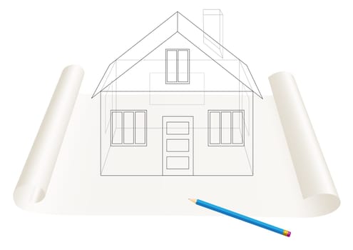 Abstract transparent house sketch drawing with pen on a paper roll