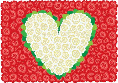 Beautiful white roses heart around leaves on the red roses background