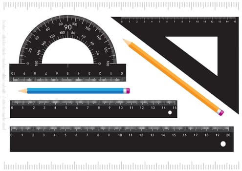 Black ruler, measuring scale, protractor and pencil isolated on white background