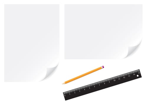 Paper, pencil and ruler isolated on the white background