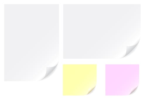 White, yellow and pink empty paper isolated on the white background
