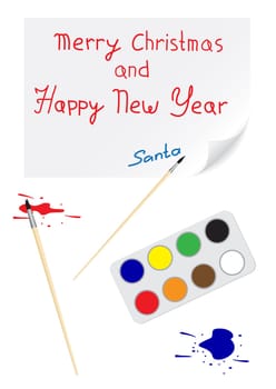 Childrens drawing a brush with a Christmas and happy New Year and the signature santa