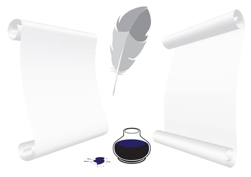 Paper backgrounds and feather for writing with ink in inkwell