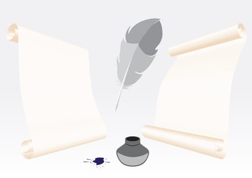 Paper backgrounds and feather for writing with ink in inkwell