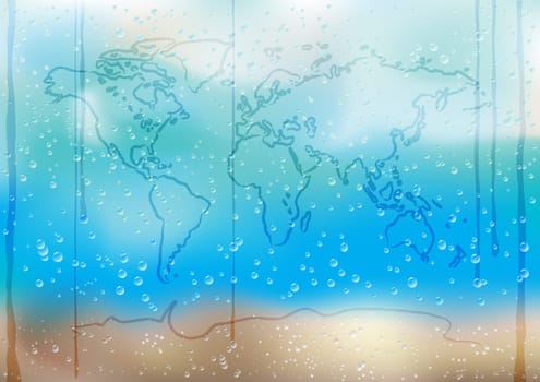 Nature drawing map on the rain drops background