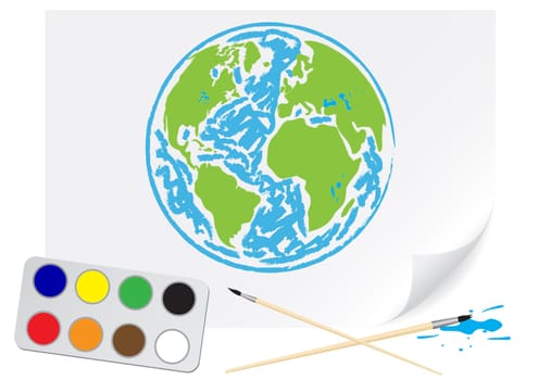Children drawing a green Earth a brush paints on a paper