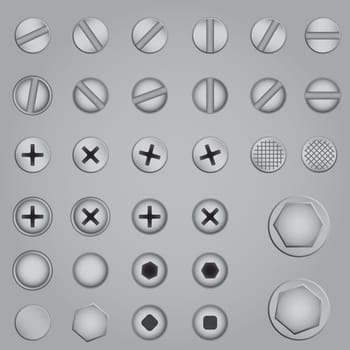 Set of screw, nut, bolt on the gray background