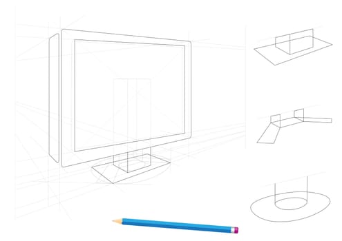 Sketch of tv and holders drawn by a pencil isolated on white