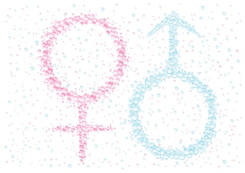 Man's and female symbol on the white drops background