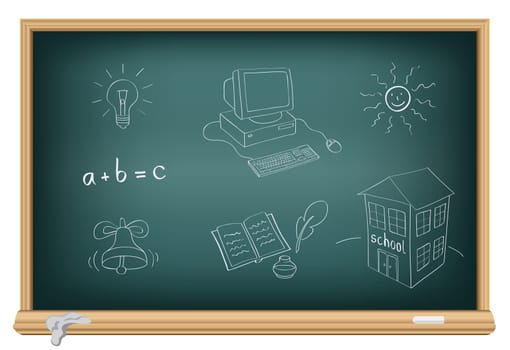 Drawing school subjects by a chalk on the classroom blackboard