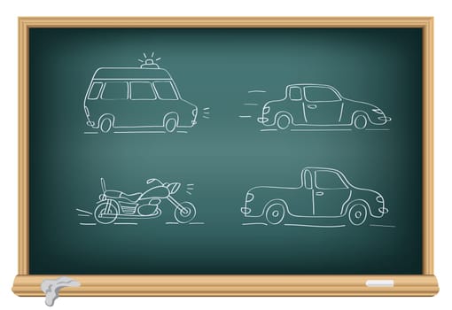 Drawing cars by a chalk on the classroom blackboard