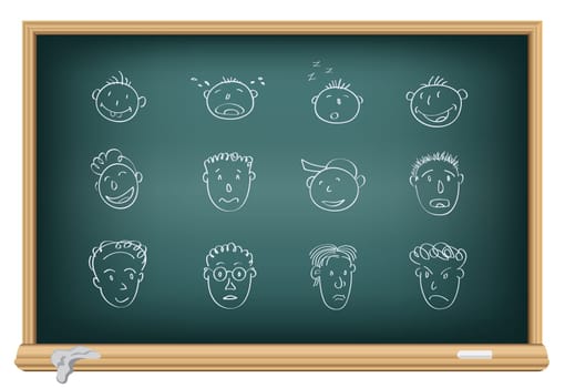 Drawing faces by a chalk on the classroom blackboard
