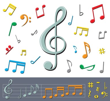 set of basic color notes and signs with shadows on the white background.
