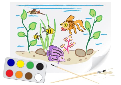 Children drawing the aquarium a brush paints on a paper