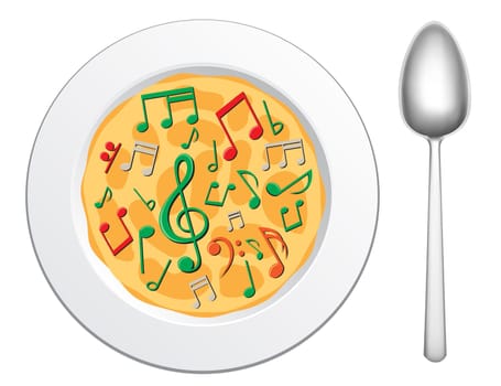 Our food are music, musical soup in the plate on the white background