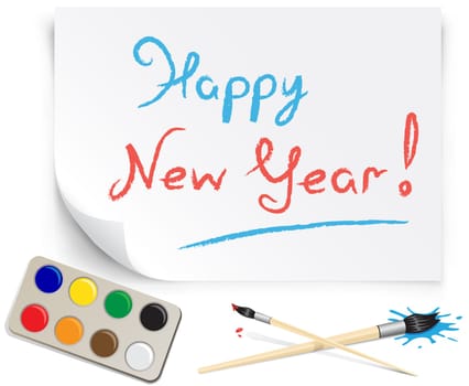 children's drawing happy new year on the white paper
