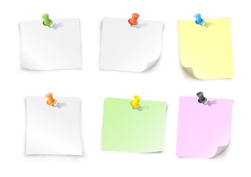 The different papers and push pins on the white background