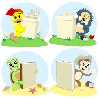 The cartoon animals represent book and paper box for cornflake