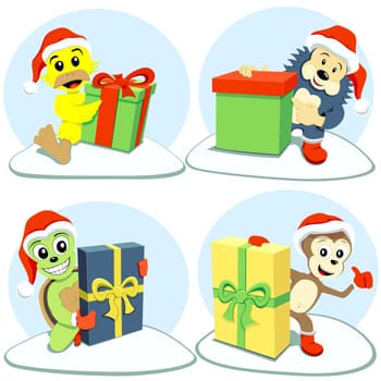 The happy cartoon animals holding different Christmas gifts