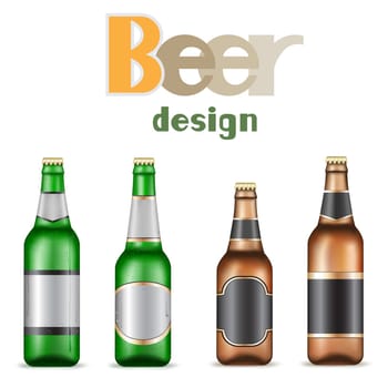 Green and brown beer bottles on the white background