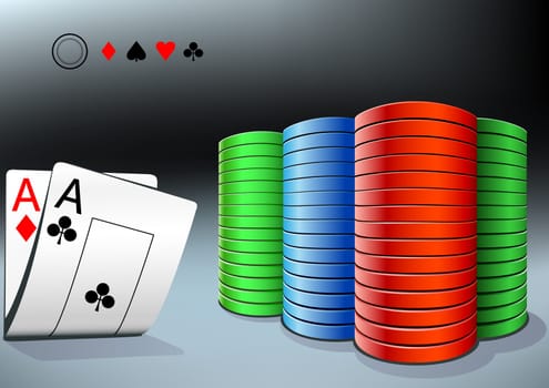 poker stack and two aces on the dark background