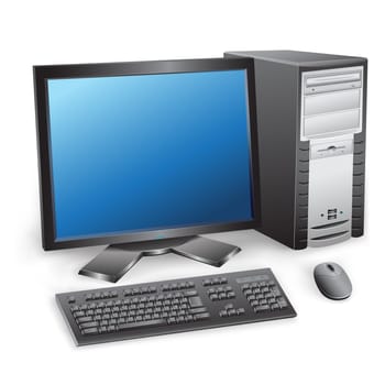 The modern desktop black computer with monitor, keyboard and mouse on the white background