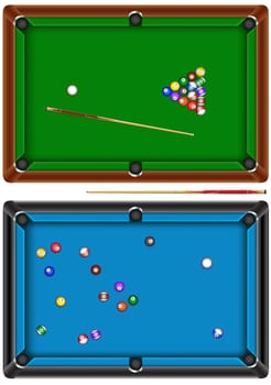The billiard table with a cue and balls isolated on a white background