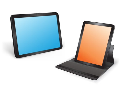 Two tablets in different position on the white background
