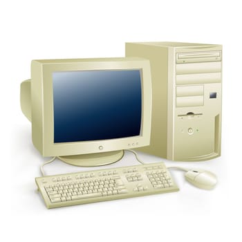 The retro desktop white computer with monitor, keyboard and mouse on the white background
