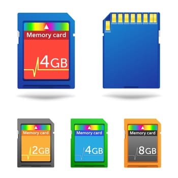 The different colors memory cards isolated on the white background