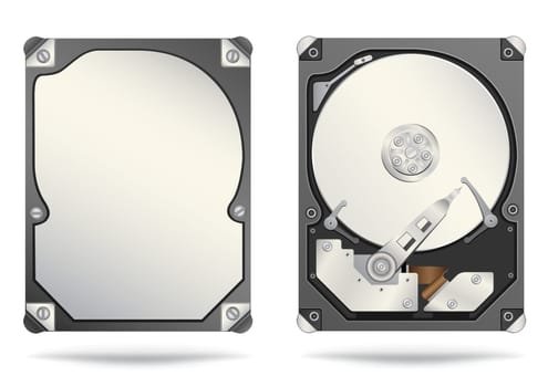 The opened and closed hard drive isolated on the white background