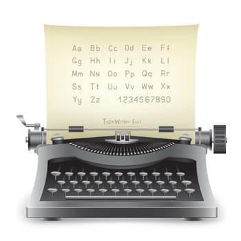 The retro desktop black typewriter with alphabet on the white background